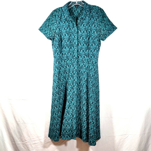 Ann Taylor Floral Eyelet Shirt Dress Green Teal 8